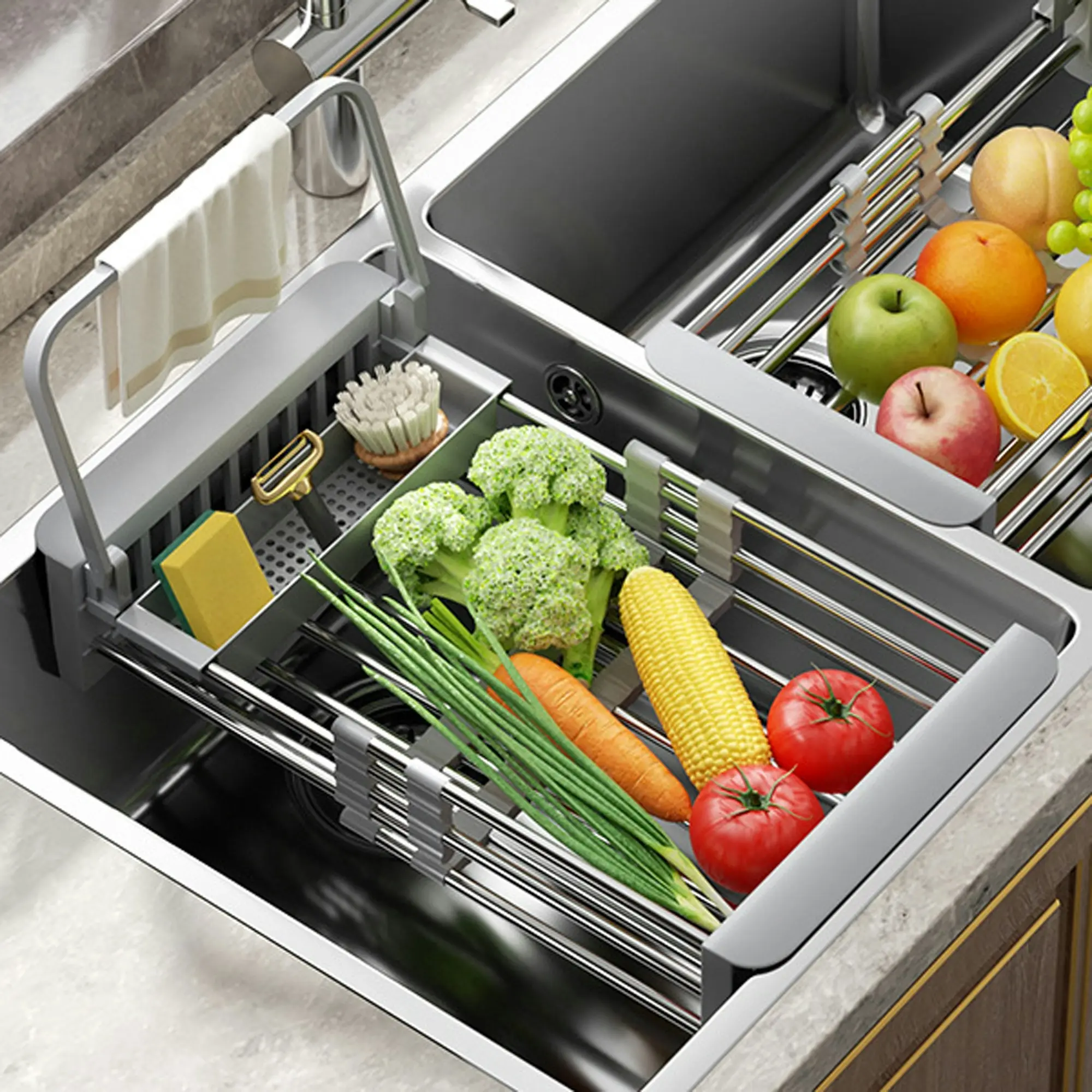 Kitchen Sink Colander Basket Telescopic Storage Rack Stainless Steel Fruit Vegetable Dish Caddy - Grey