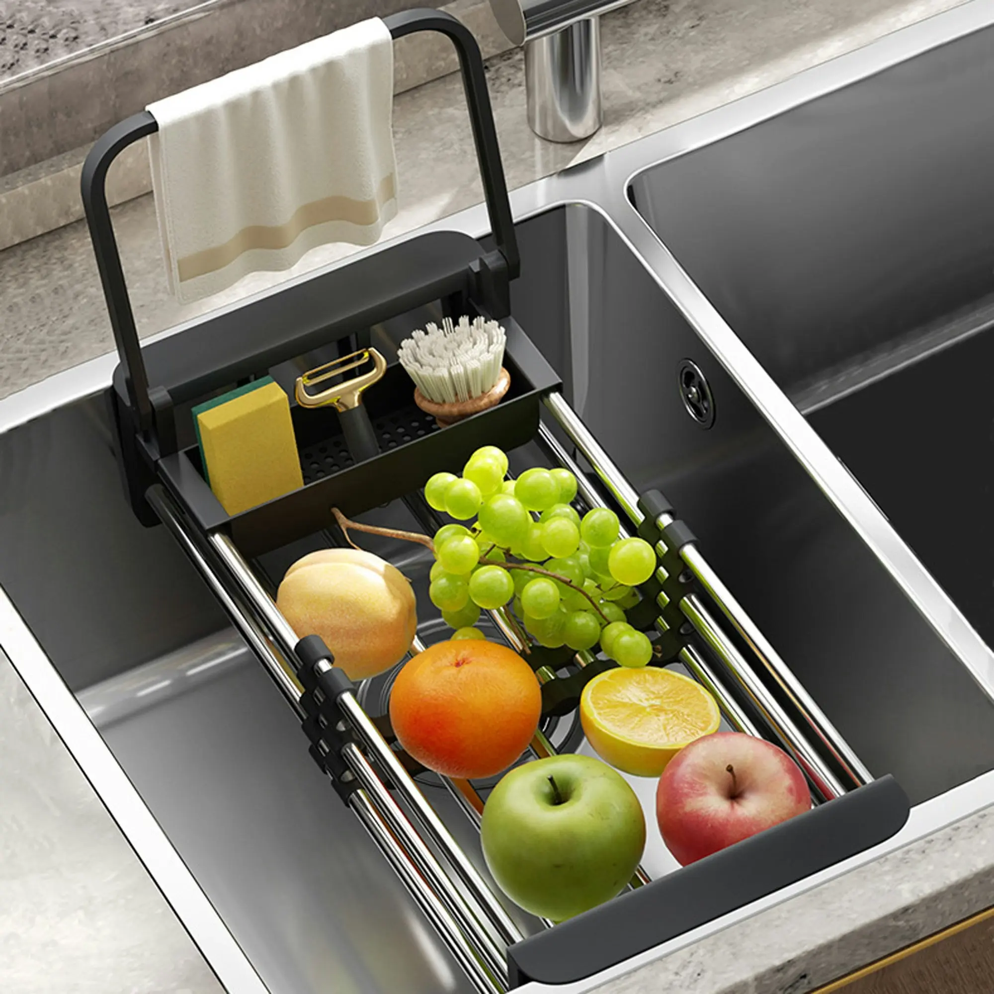 Kitchen Sink Colander Basket Telescopic Storage Rack Stainless Steel Fruit Vegetable Dish Caddy - Black