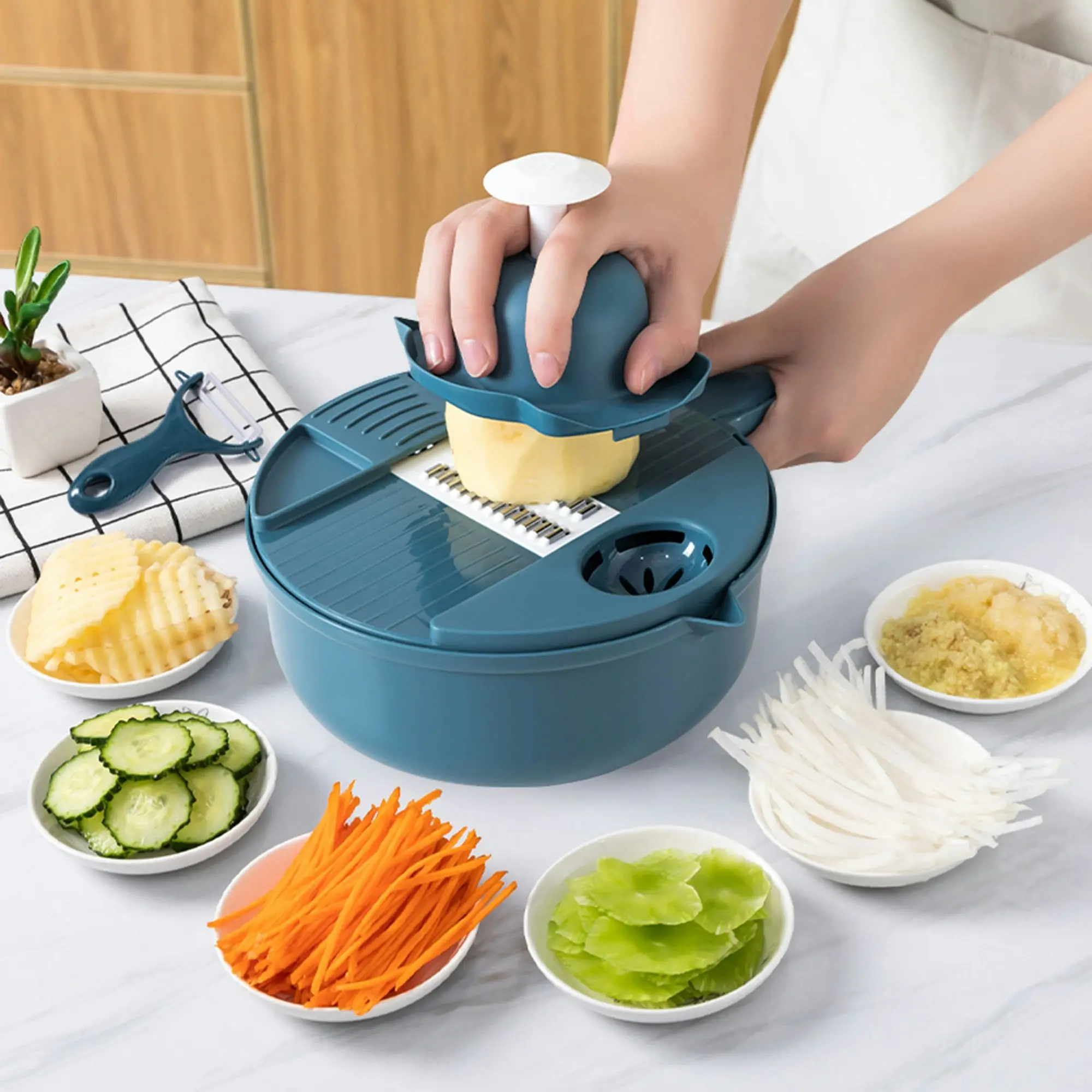 Todo Multifunction Food Grater Shredder Cutter Strainer Bowl 6 Blade Kitchen Tool