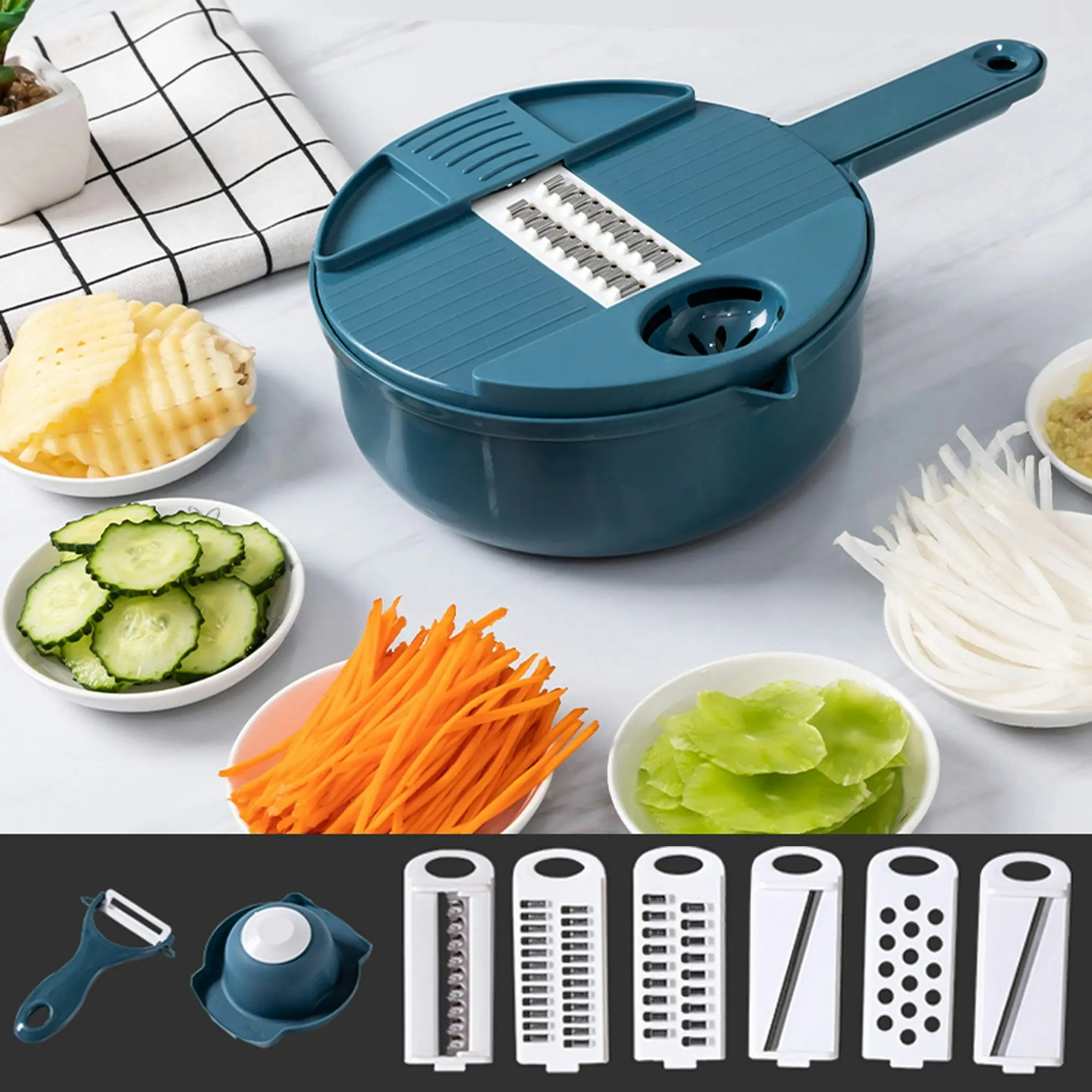 Todo Multifunction Food Grater Shredder Cutter Strainer Bowl 6 Blade Kitchen Tool