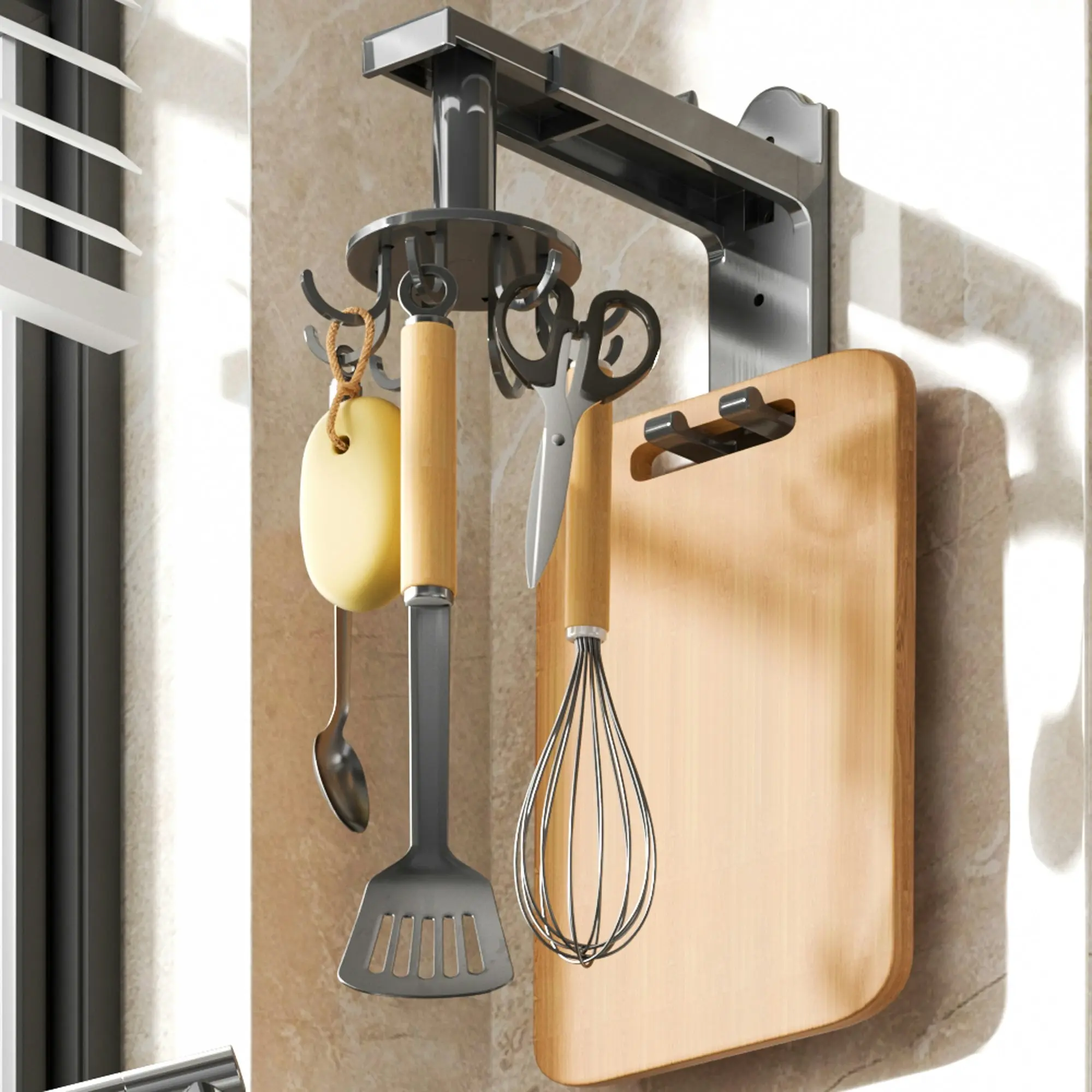 Kitchen Swivel Hook Storage Rack Utensil Organizer Spoon Holder Aluminum Alloy Retractable Storage Shelf Wall Mounted