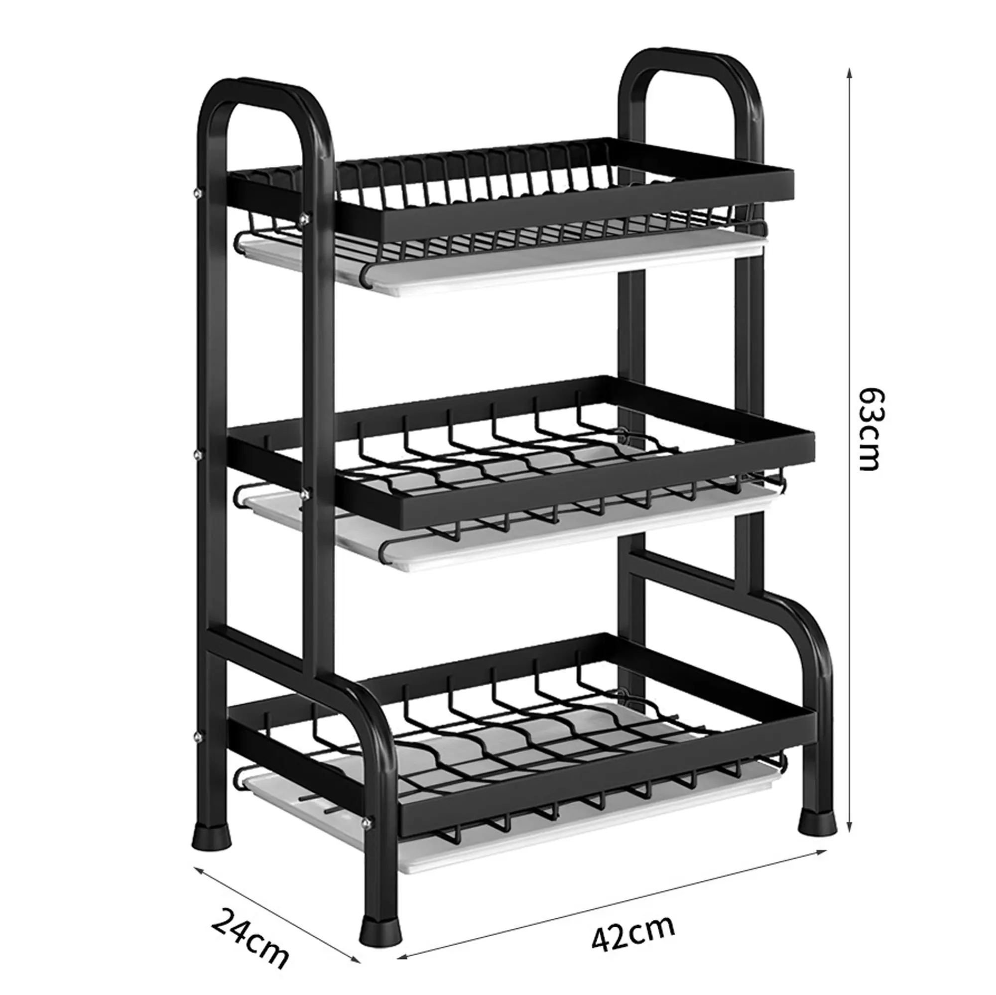 3 Tier Plate Rack Organizer Draining Storage Shelf Bowl Shelves with Water Drip Trays Black