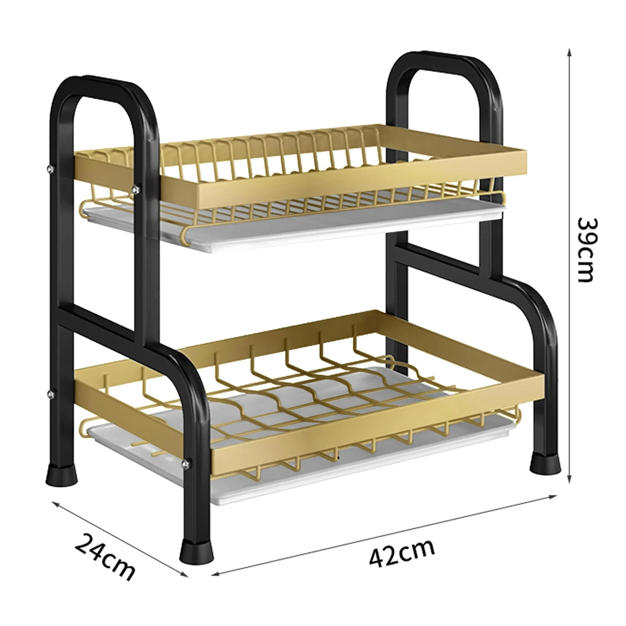 2 Tier Plate Rack Organizer Draining Storage Shelf Bowl Shelves with Water Drip Trays Black Gold