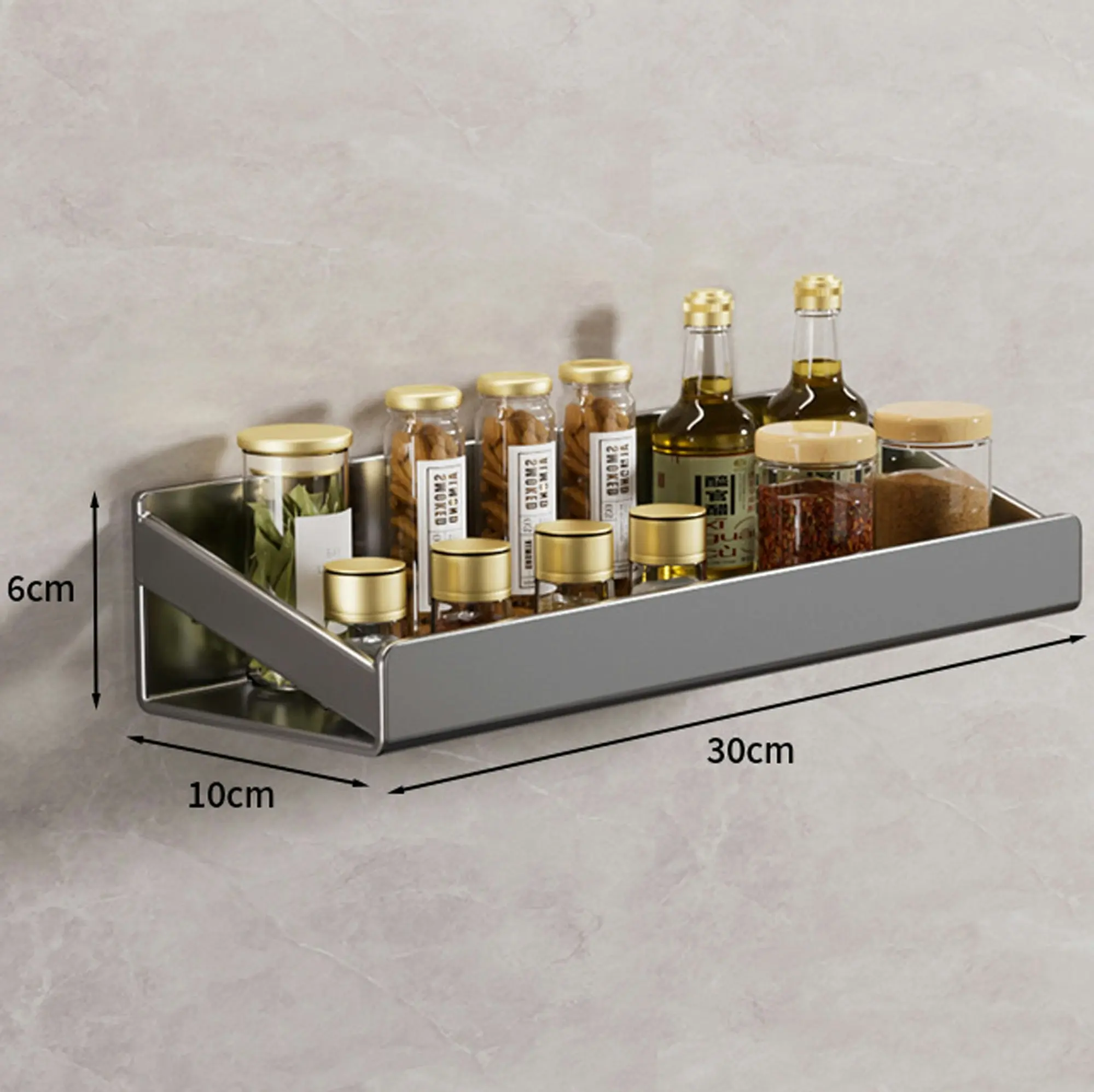 Floating Spice Rack Shelf Wall Mounted Condiment Stand Storage Shelve Organizer 30 x 10 cm - Grey