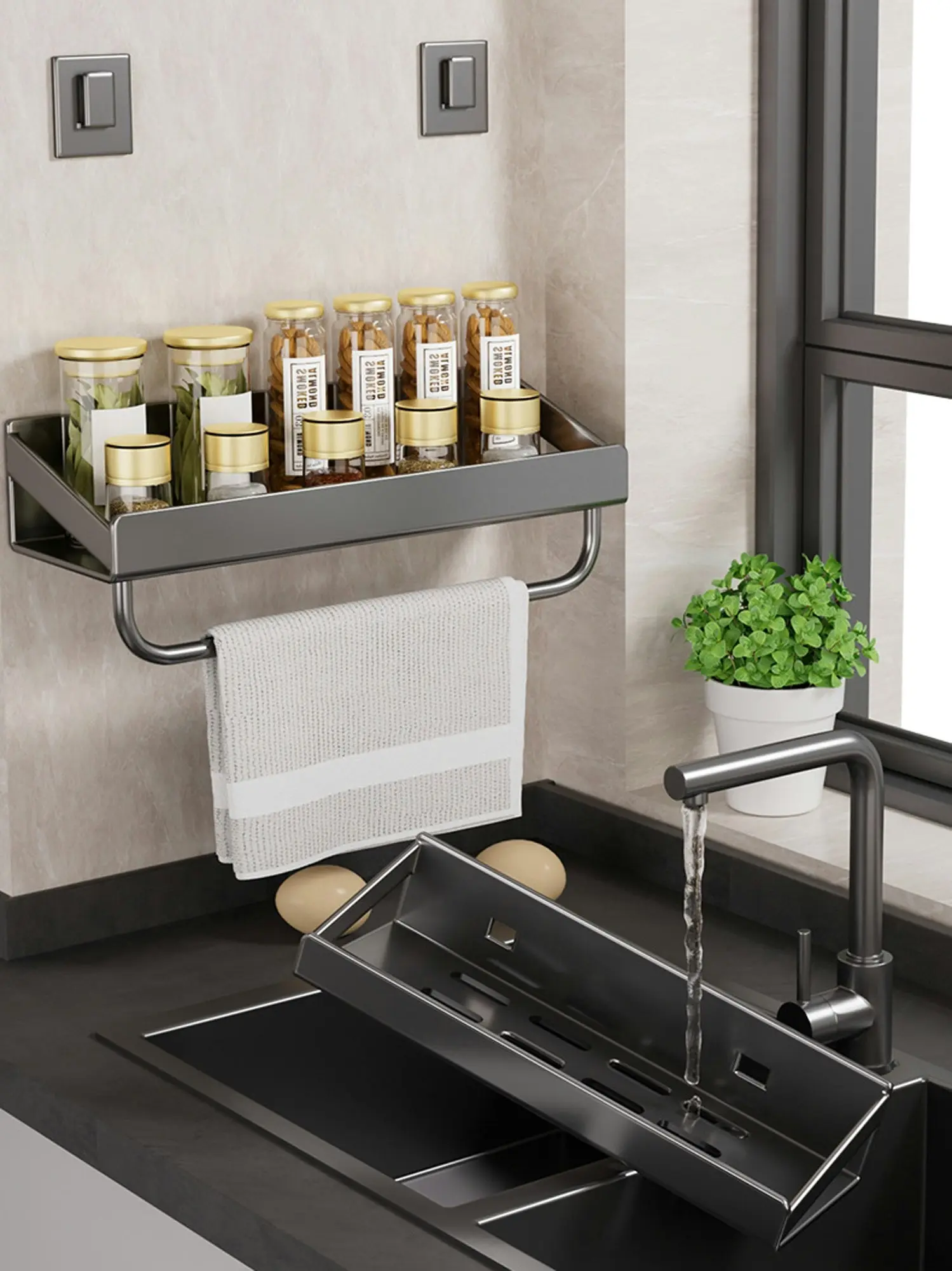 Floating Spice Rack Shelf Wall Mounted Condiment Stand Storage Shelve Organizer 30 x 10 cm - Grey