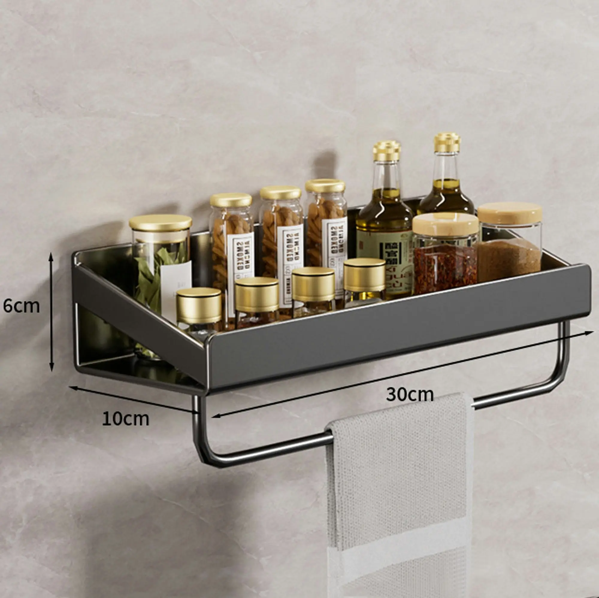 Floating Spice Rack Shelf Wall Mounted Condiment Stand Storage Shelve with Hanging Rod 30 x 10 cm - Black