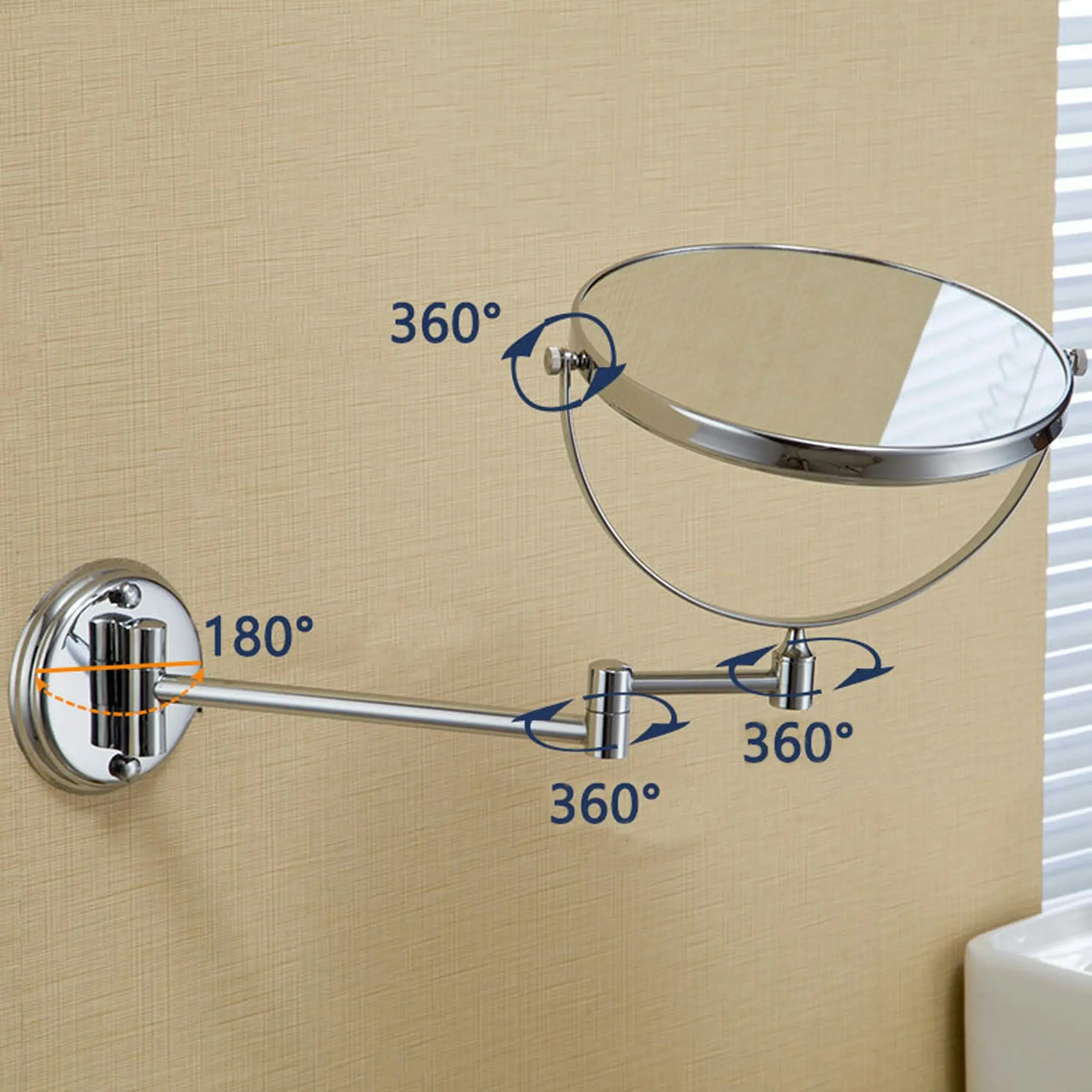 8" Wall Mounted Make Up Mirror 1x/3x Magnification Stainless Steel Retractable Arm Bathroom Mirror