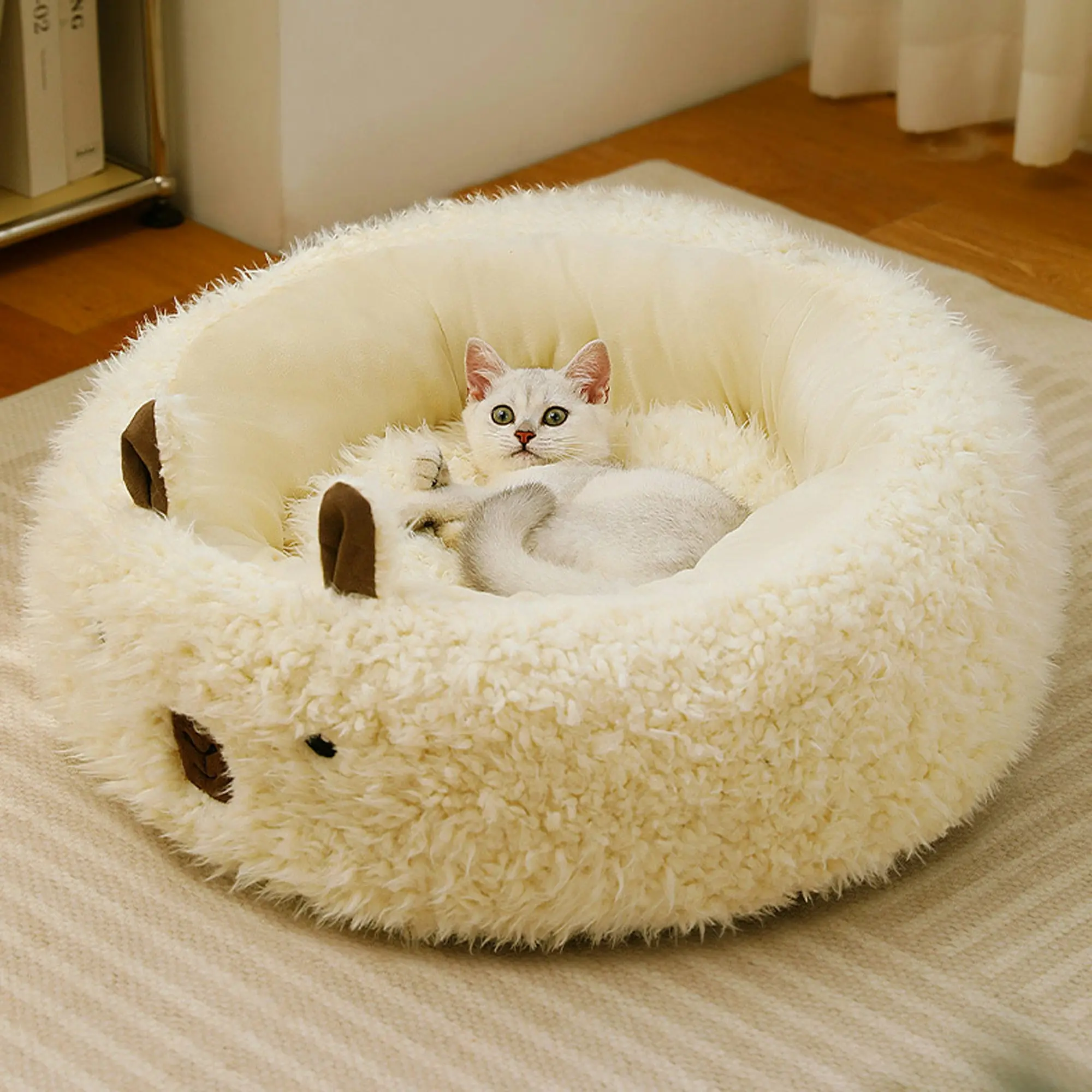 Todo Pet Nesting Bed 50cm Diameter Soft Warm Dog Cat Sleeping Bed - White Alpaca