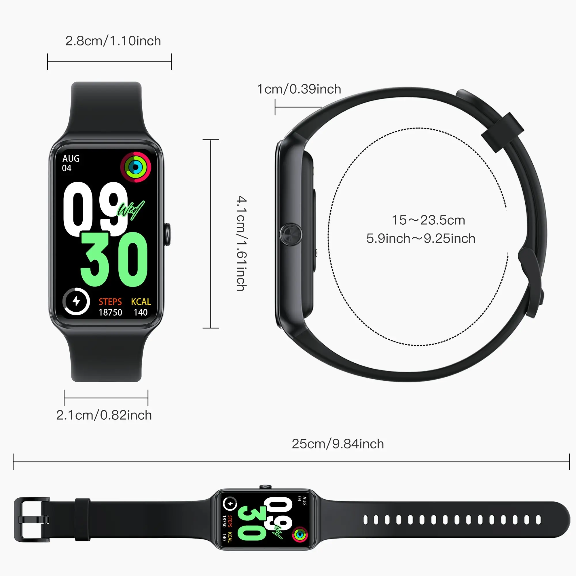 Todo Fitness Tracker Smart Watch BT 5.0 1.47" Display Thermometer BPM Monitor - Black