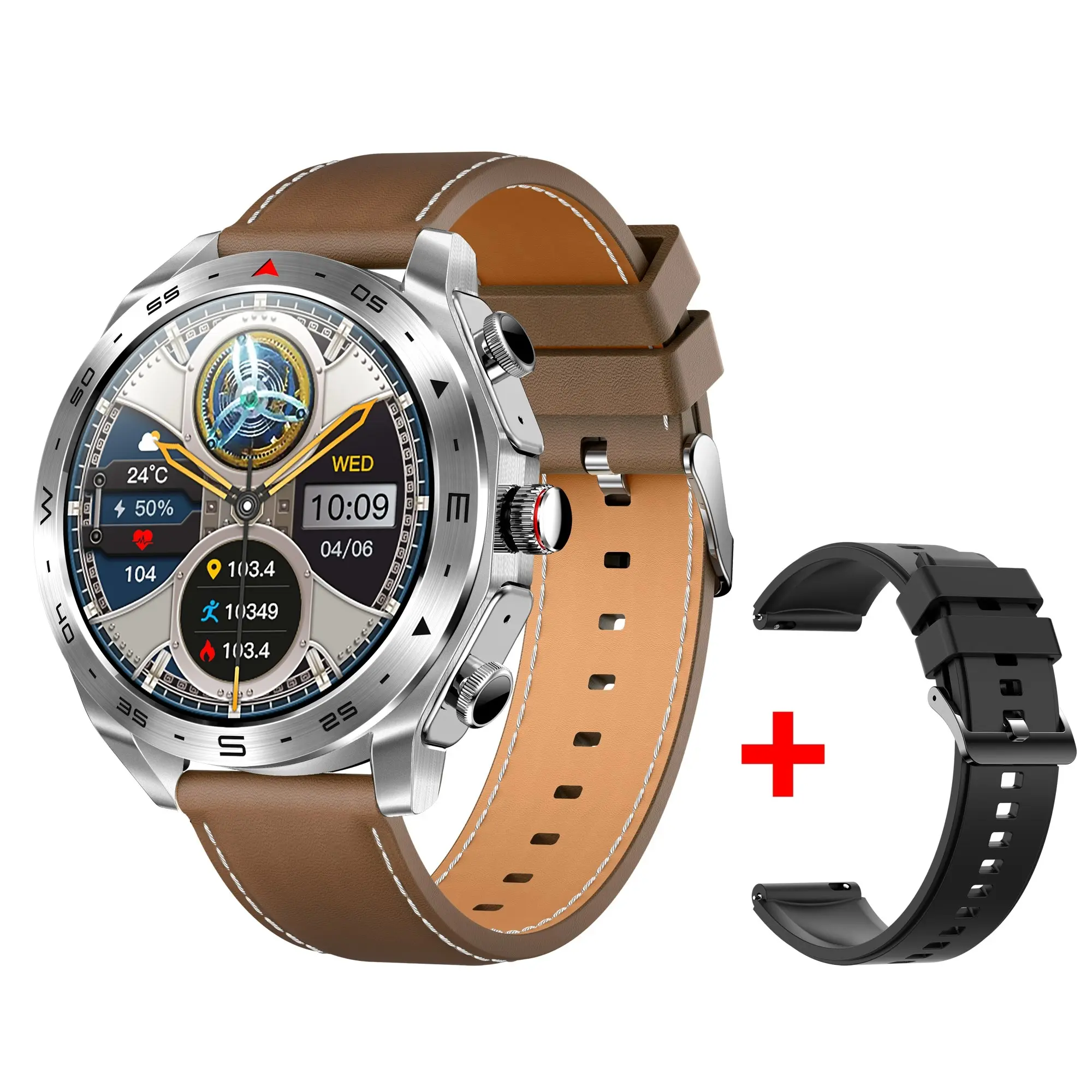 2 in 1 Bluetooth Smart Watch Wireless Earphones 1.52" IPS Touch Screen BT 5.0 - Brown Leather