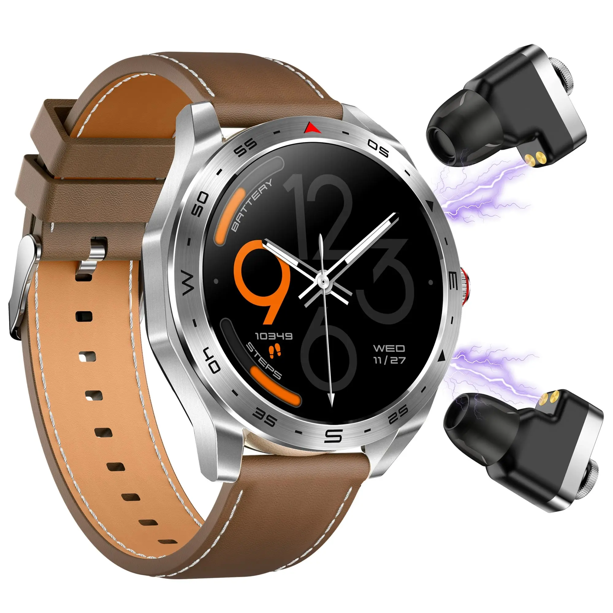 2 in 1 Bluetooth Smart Watch Wireless Earphones 1.52" IPS Touch Screen BT 5.0 - Brown Leather