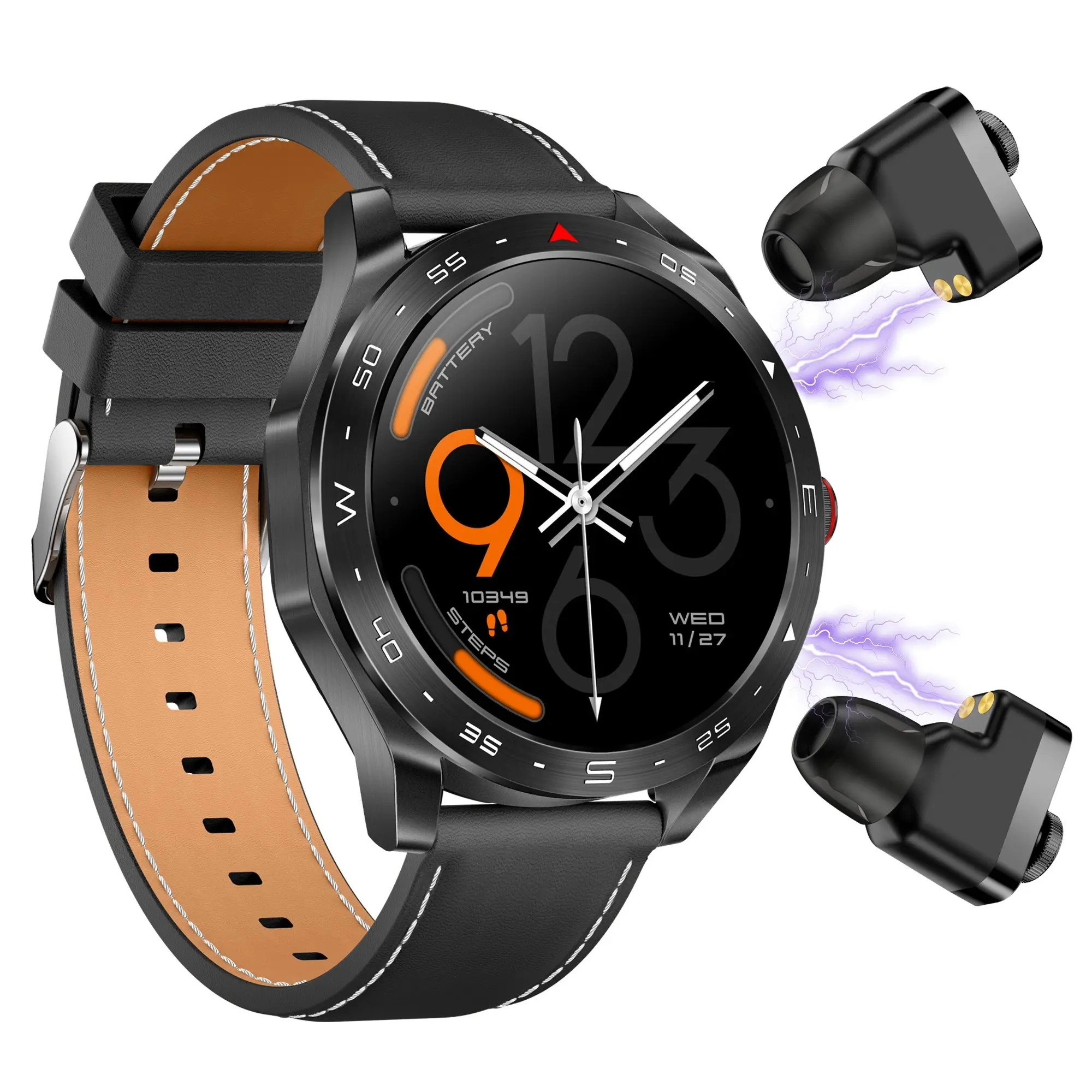 2 in 1 Bluetooth Smart Watch Wireless Earphones 1.52" IPS Touch Screen BT 5.0 - Black Leather