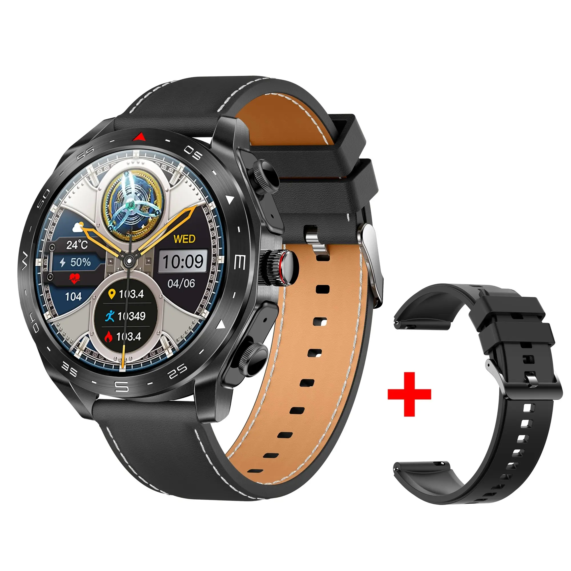 2 in 1 Bluetooth Smart Watch Wireless Earphones 1.52" IPS Touch Screen BT 5.0 - Black Leather