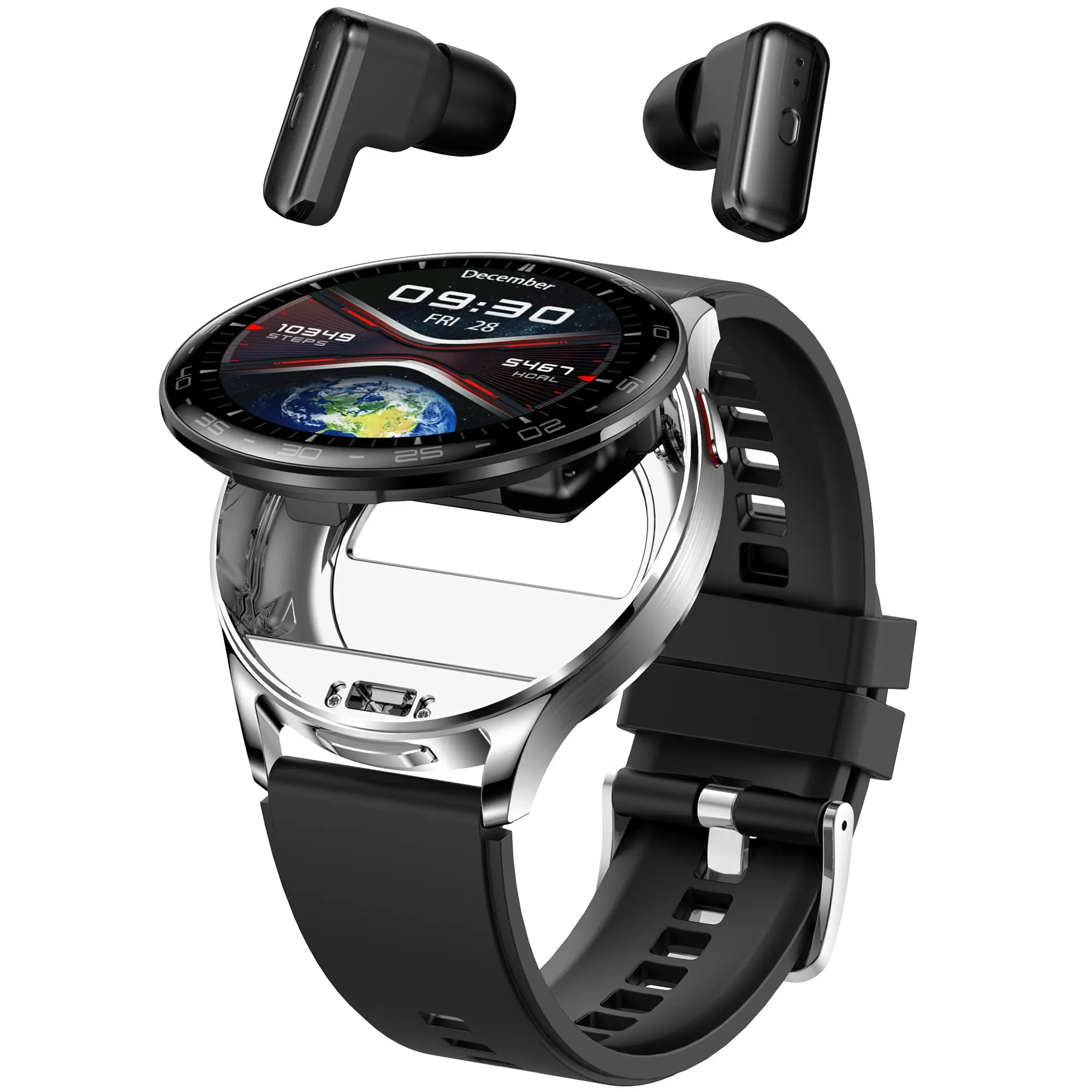 2 in 1 Bluetooth Smart Watch Wireless Earphones 1.39" IPS Touch Screen BT 5.0 - Silver