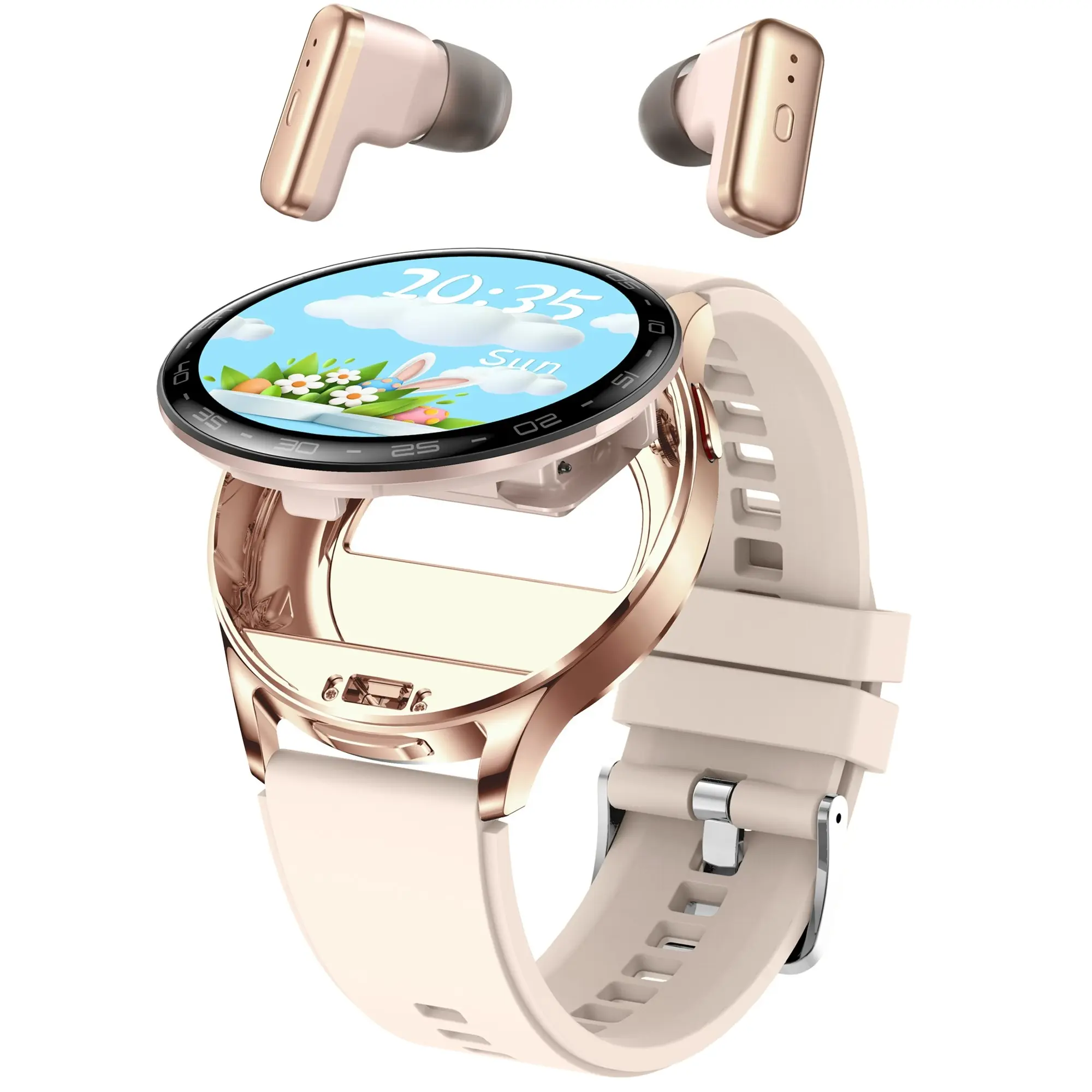 2 in 1 Bluetooth Smart Watch Wireless Earphones 1.39" IPS Touch Screen BT 5.0 - Pink