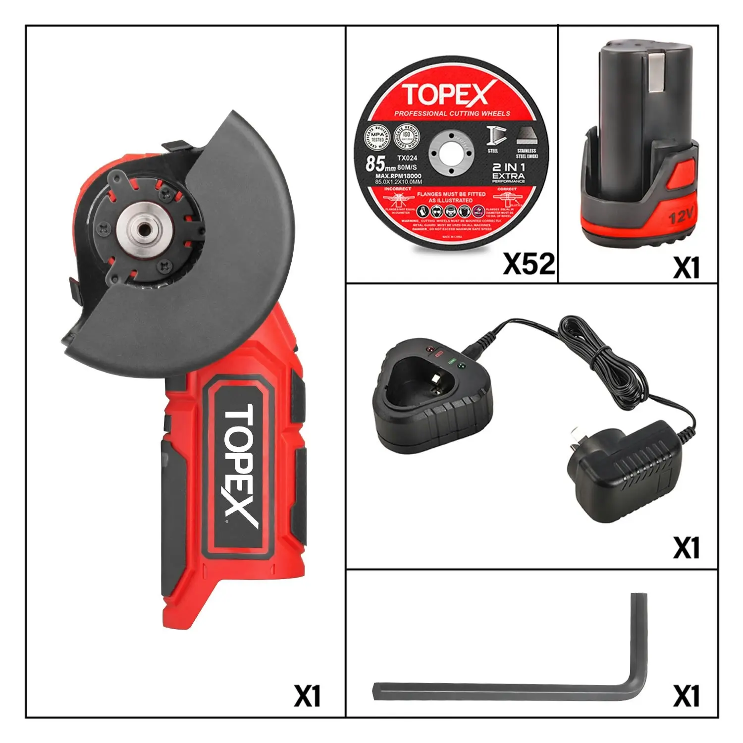 Topex 12V Cordless Angle Grinder 1 Wrench for Metal and Wood w/12V 2.0Ah Lithium-Ion Battery&14.4V /0.4A charger/50PCS 85mm Cutting Wheels Discs