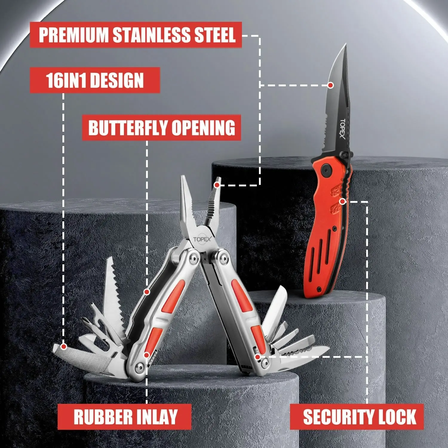 Topex 16-in-1 Multi-Function Tool & Knife Set Professional Stainless Steel Multitool Pliers Pocket Folding Knife Pocket Knife