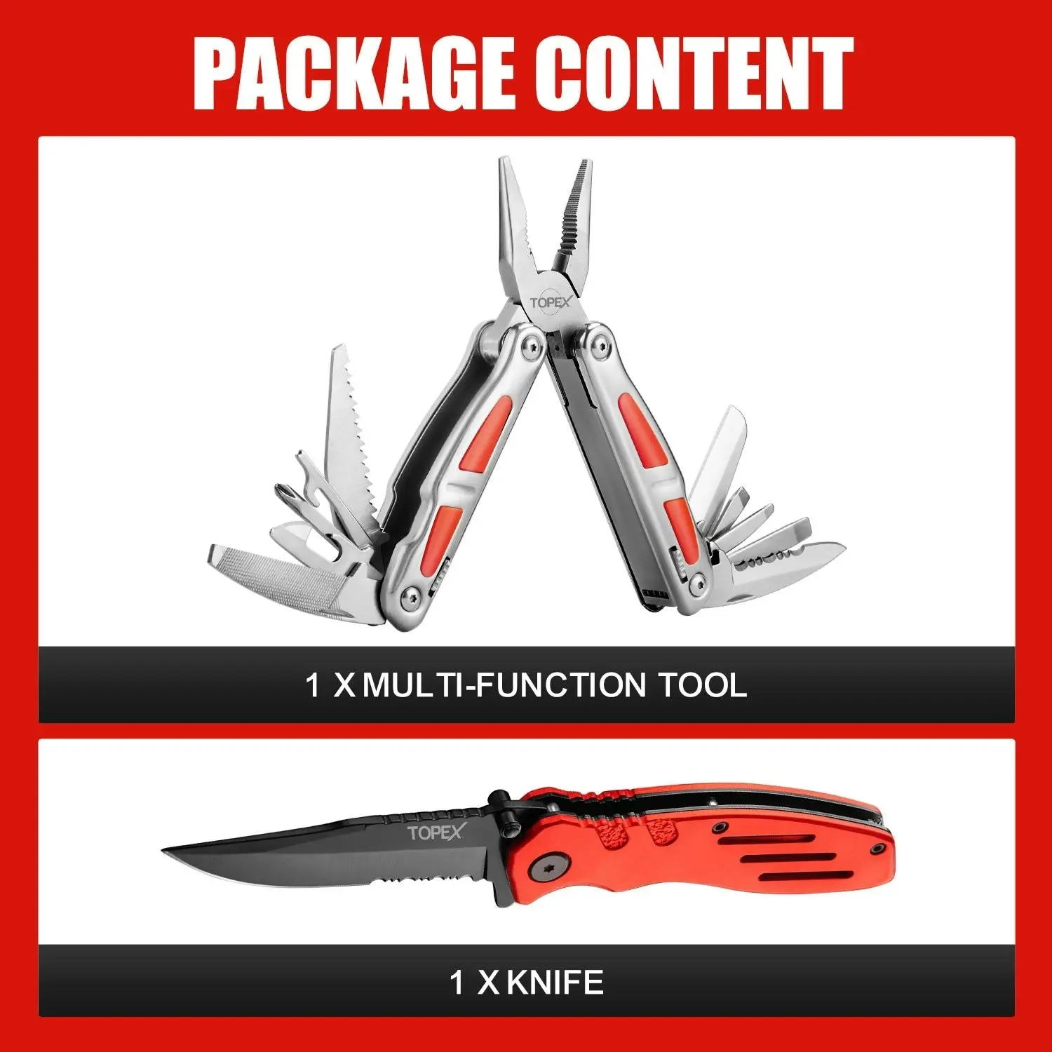 Topex 16-In-1 Multitool Plier, Multi Tool Pliers, Stainless Steel Plier with Safety Locking, Cutters, Knife, Screwdrivers, Wood Saw, Can Bottle Opener