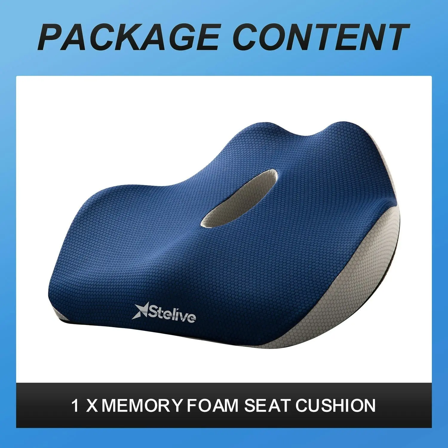 Stelive Memory Foam Seat Cushion Butt Support Pillow Office Chair Car Seat Cushion Coccyx Cushion Coccyx Pillow for Pain Relief (Blue, Grey)