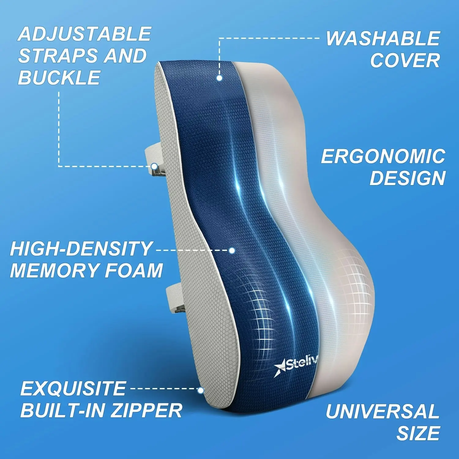 Stelive Ergonomic Back Cushion Lumbar Support Cushion Memory Foam Back Support Orthopedic Backrest Support Pillow w/ Adjustable Straps