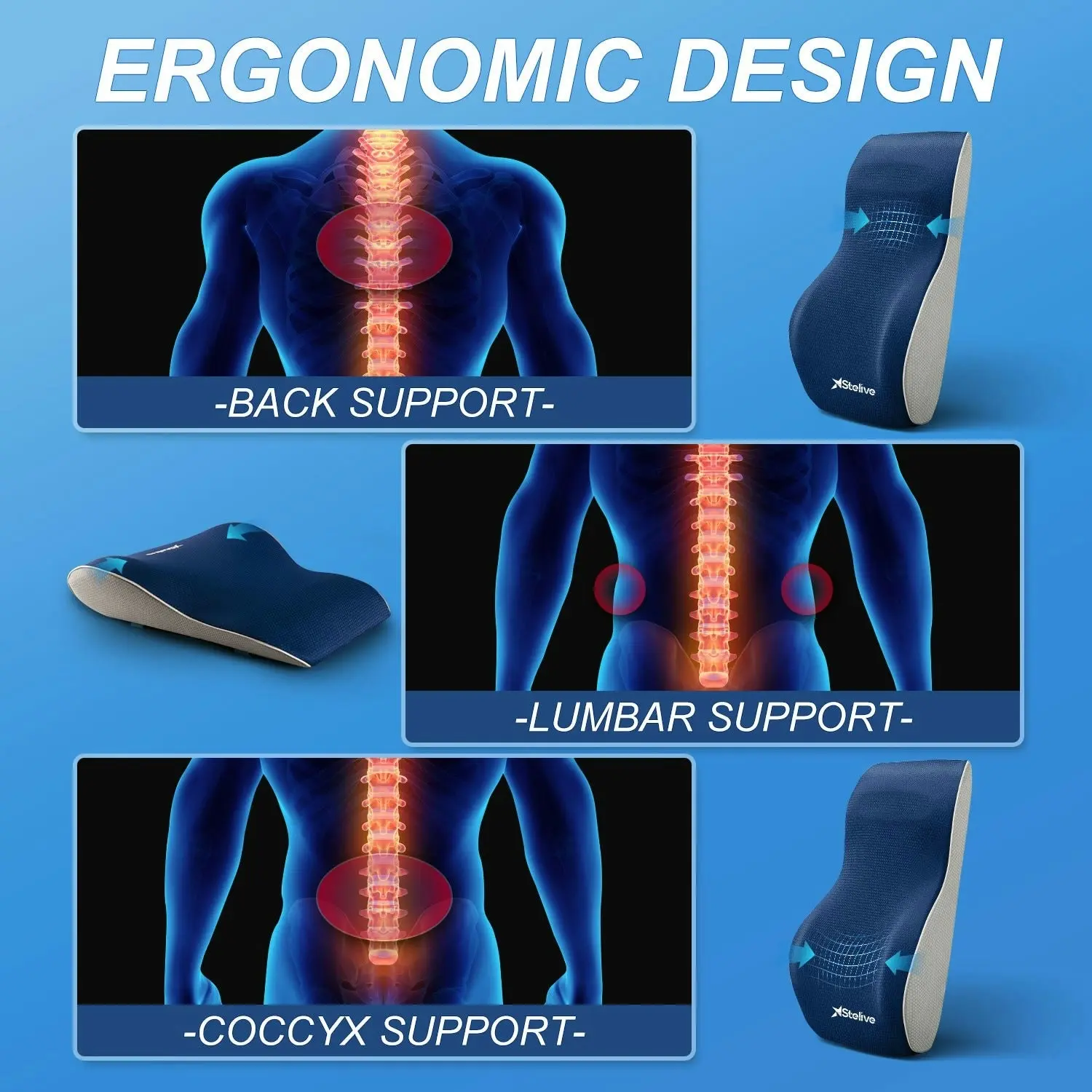 Stelive Ergonomic Back Cushion Lumbar Support Cushion Memory Foam Back Support Orthopedic Backrest Support Pillow w/ Adjustable Straps