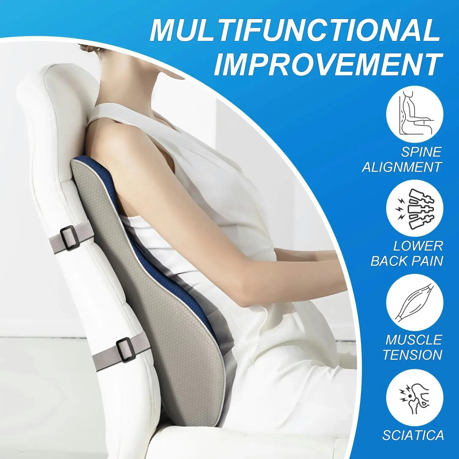 Stelive Ergonomic Back Cushion Lumbar Support Cushion Memory Foam Back Support Orthopedic Backrest Support Pillow w/ Adjustable Straps