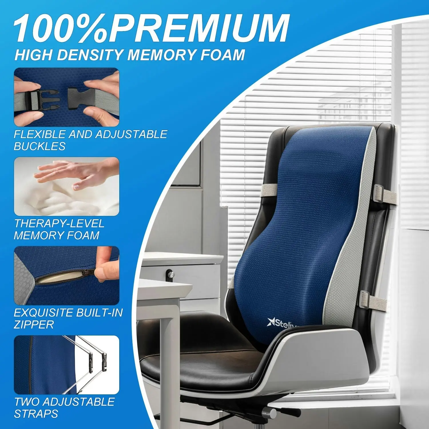 Stelive Ergonomic Back Cushion Lumbar Support Cushion Memory Foam Back Support Orthopedic Backrest Support Pillow w/ Adjustable Straps