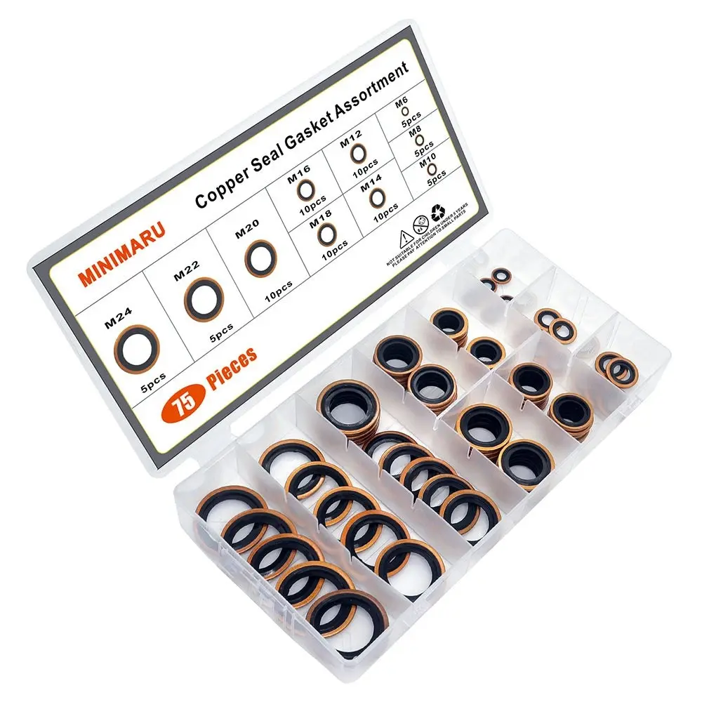 Automotive Copper Self-Centered Bonded Seal Gasket Assortment Kit 10 Sizes75 PCS