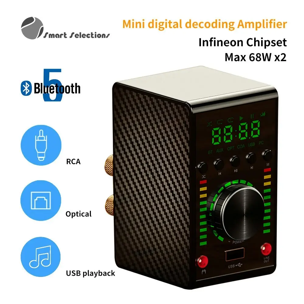 Mini Digital Amplifier Bluetooth 5.0 COAX/OPT Stereo Audio Amp 24Bit/192K 68W*2