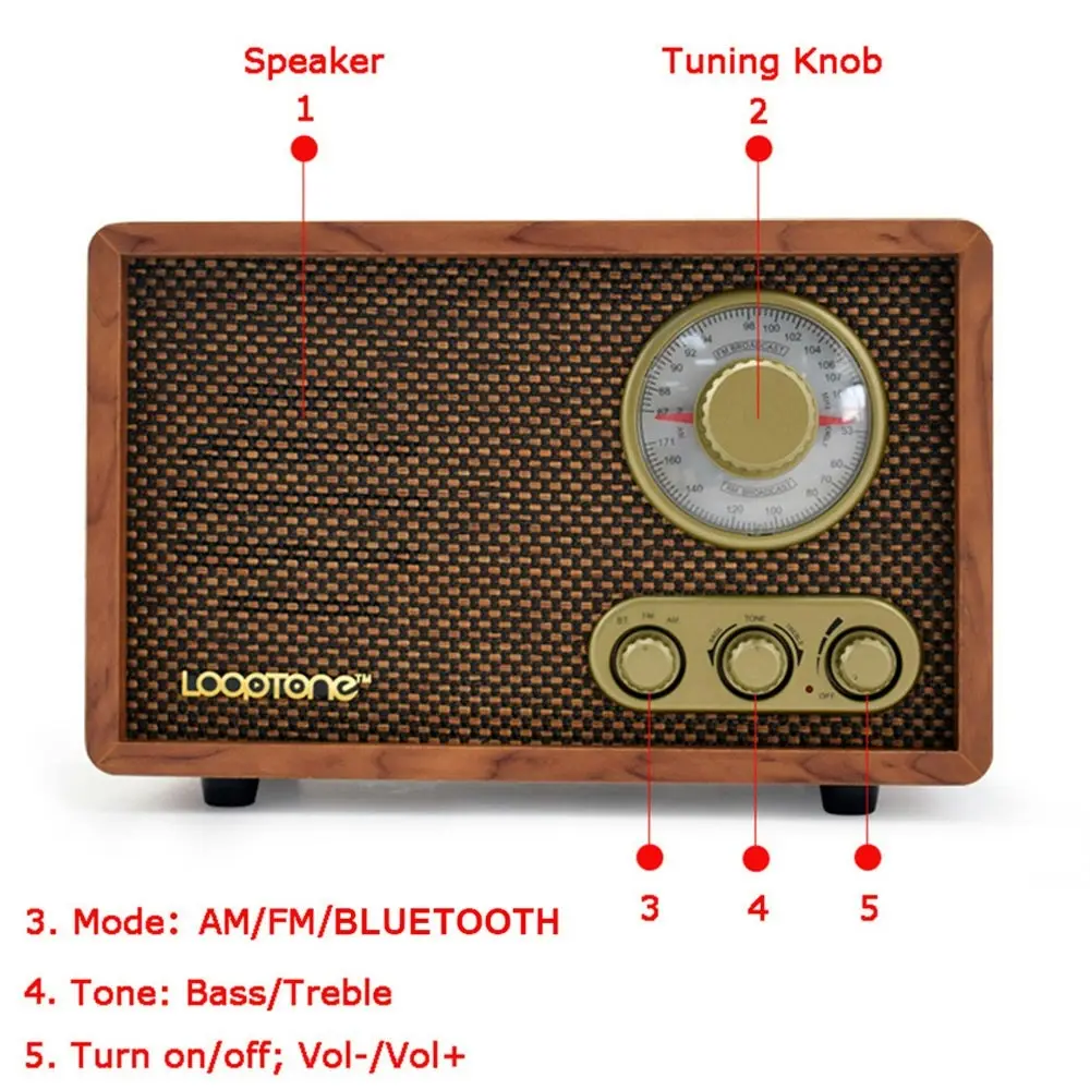 Vintage Wooden AM/FM Bluetooth Radio Classic Retro Radio with Tone Control