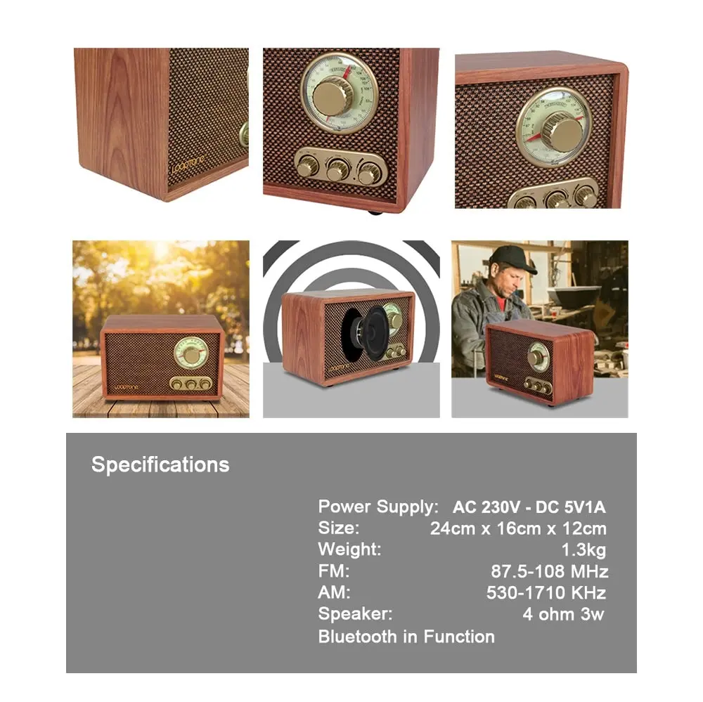 Vintage Wooden AM/FM Bluetooth Radio Classic Retro Radio with Tone Control