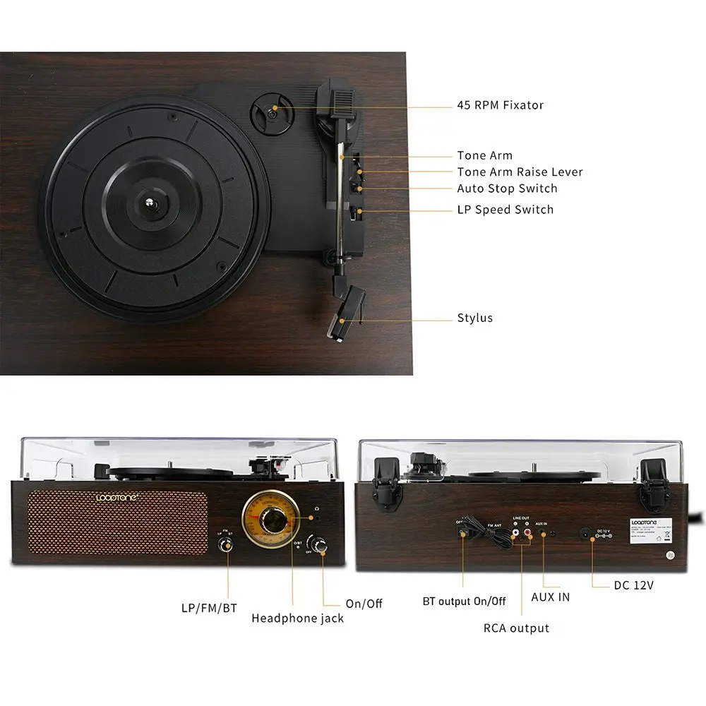 Looptone DS-215RBB Bluetooth In & Out Turntable with FM Radio functions