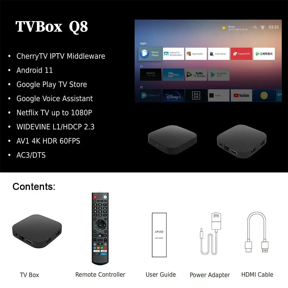 ANDROID 11 Smart Box 4K HDR 4+32GB Quad-Core Media Dual Band Wi-Fi BT Remote