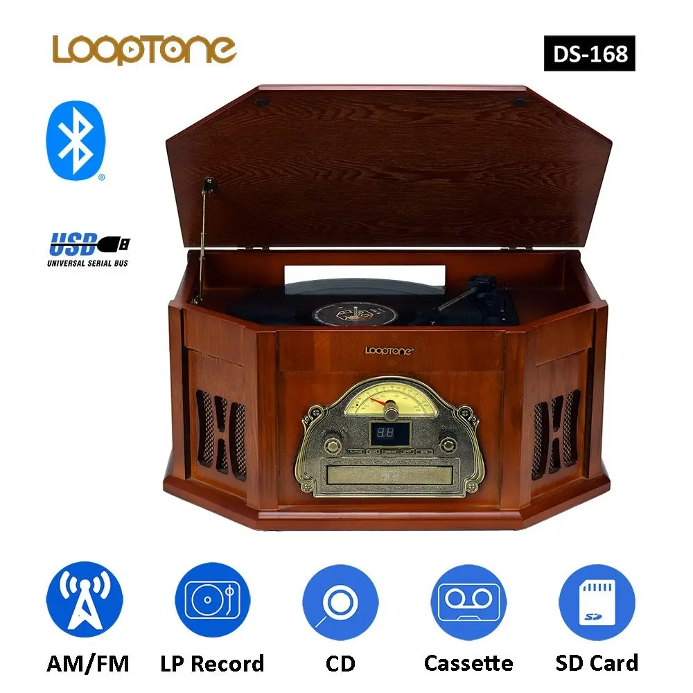 Looptone DS-168 Bluetooth All-in-One Turntable with CD Cassette USB Radio functions