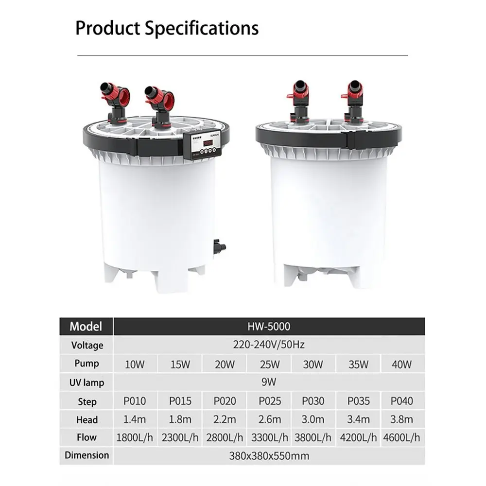 SUNSUN HW-5000 Frequency 1800L/H-4600L/H Adjustable External Filter 3xFree Media