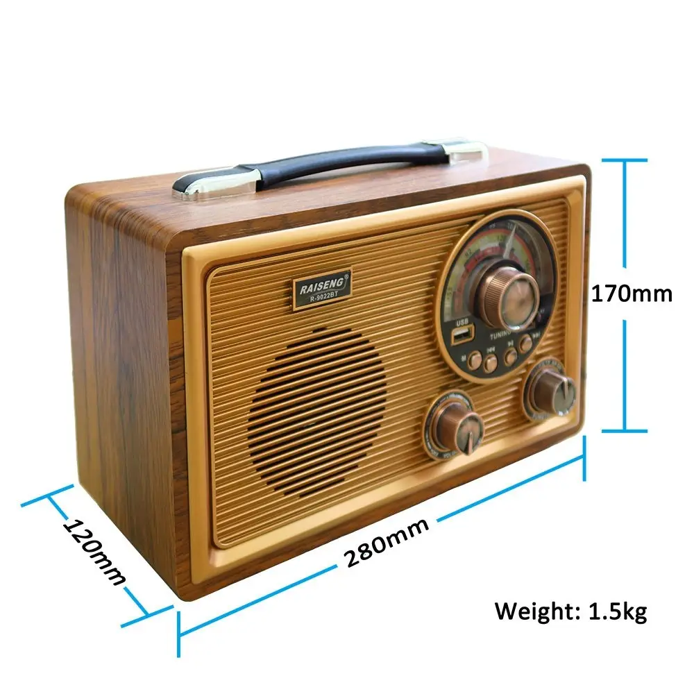 Portable Retro Radio AM FM SW TF Card Rechargeable 1200mA Battery R-9022BT BT5.0