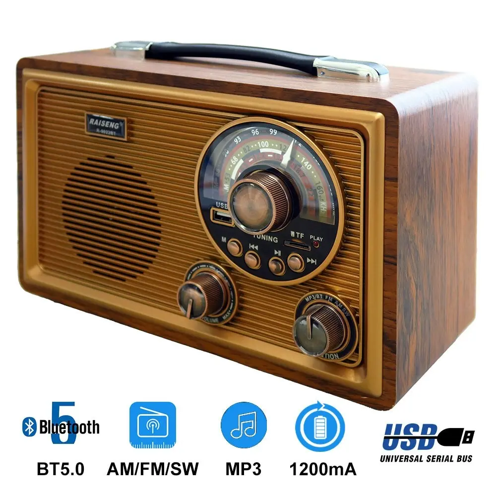 Portable Retro Radio AM FM SW TF Card Rechargeable 1200mA Battery R-9022BT BT5.0