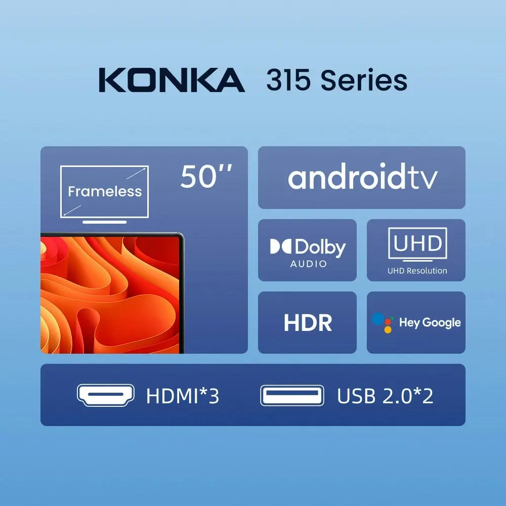 Konka Bezelless 50 inch UHD Android DVB-T2 TV with HBBTV, Youtube, Netflix etc