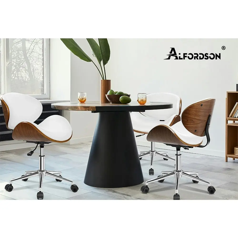 Alfordson Wooden Office Chair Computer Chairs Bentwood Seat Leather White