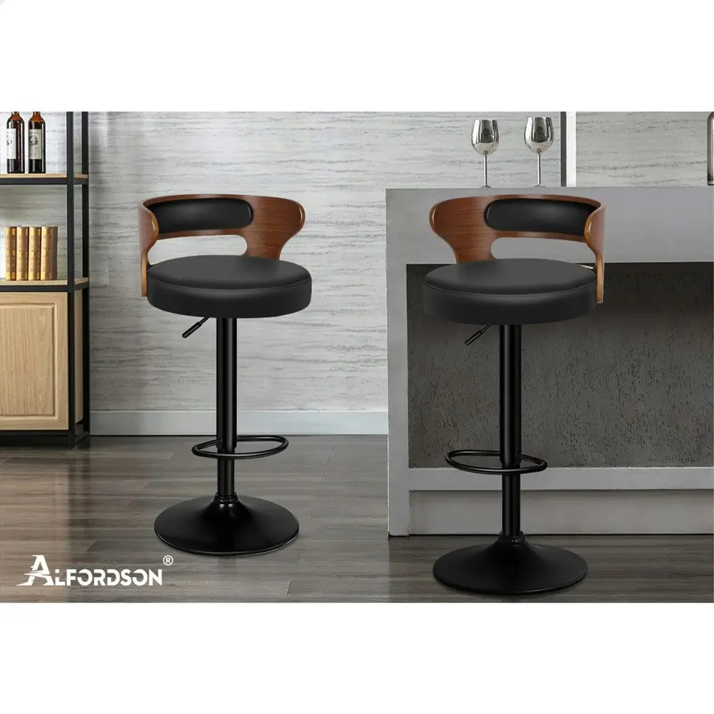 Alfordson 2x Bar Stool Kitchen Swivel Chair Wooden Leather Gas Lift Reno