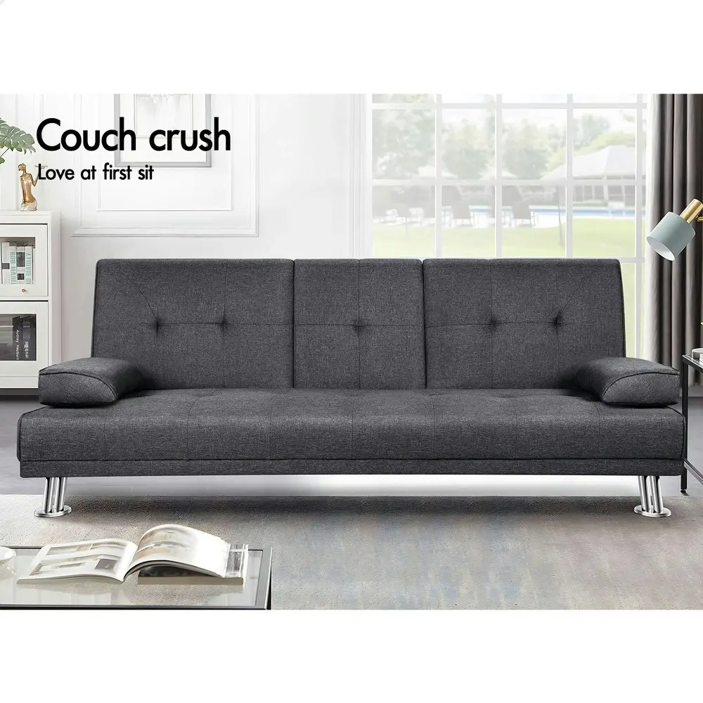 Alfordson Sofa Bed Lounge 3 Seater Futon Couch Beds Cup Holder Fabric Grey