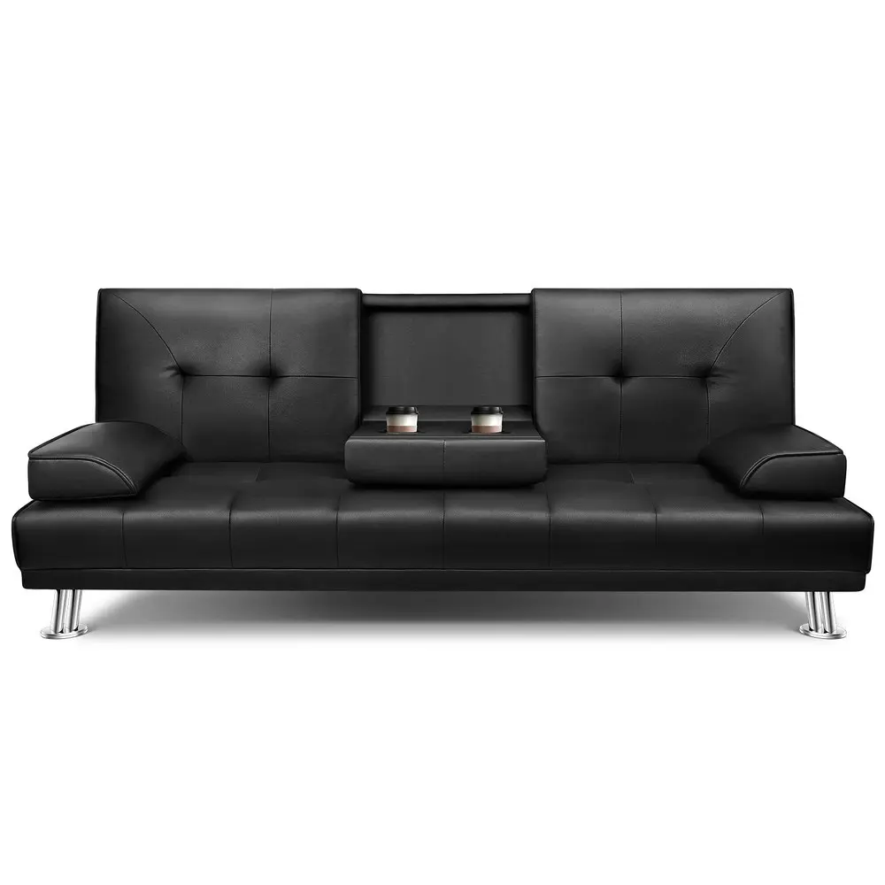 Alfordson Sofa Bed Lounge 3 Seater Futon Couch Cup Holder Leather Black