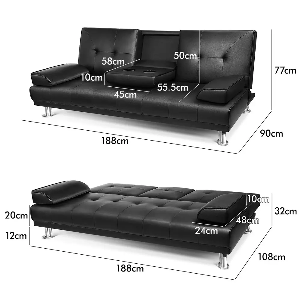 Alfordson Sofa Bed Lounge 3 Seater Futon Couch Cup Holder Leather Black