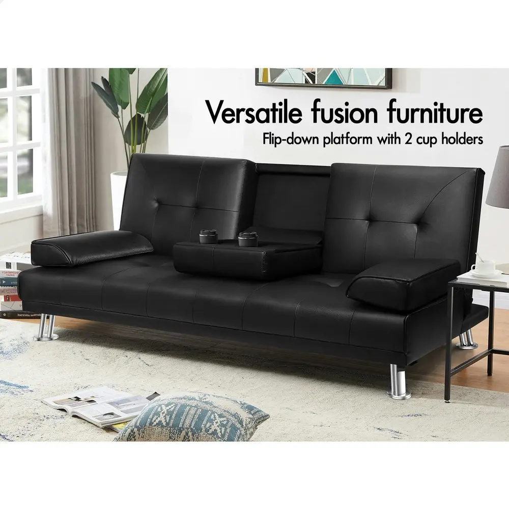 Alfordson Sofa Bed Lounge 3 Seater Futon Couch Cup Holder Leather Black