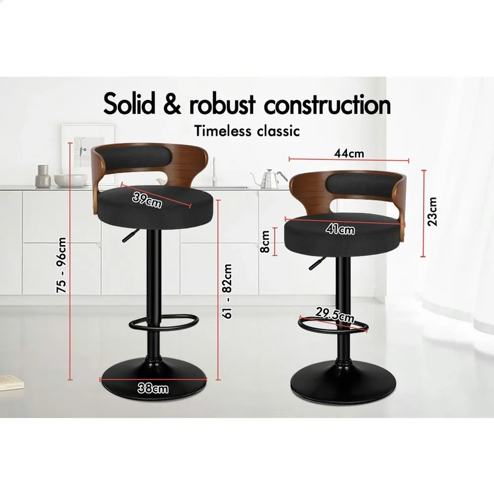 Alfordson 2x Bar Stool Kitchen Swivel Chair Wooden Linen Fabric Reno Black