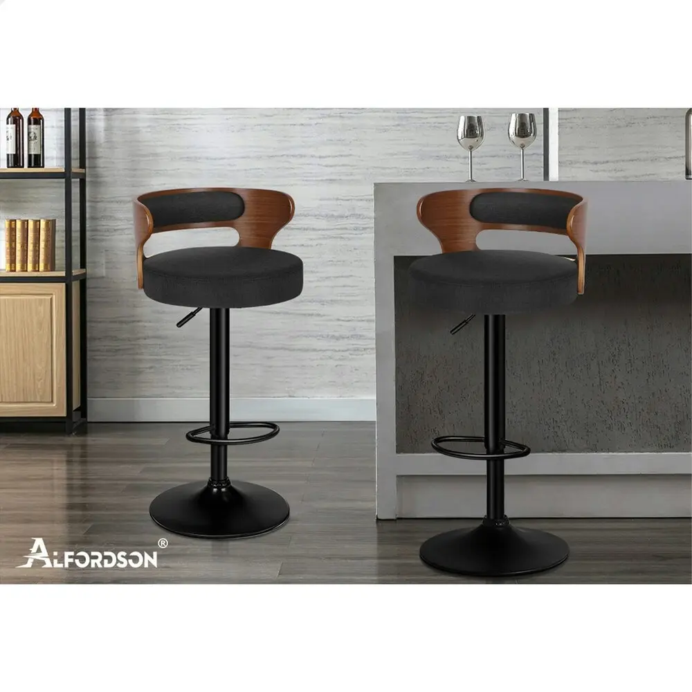 Alfordson 2x Bar Stool Kitchen Swivel Chair Wooden Linen Fabric Reno Black