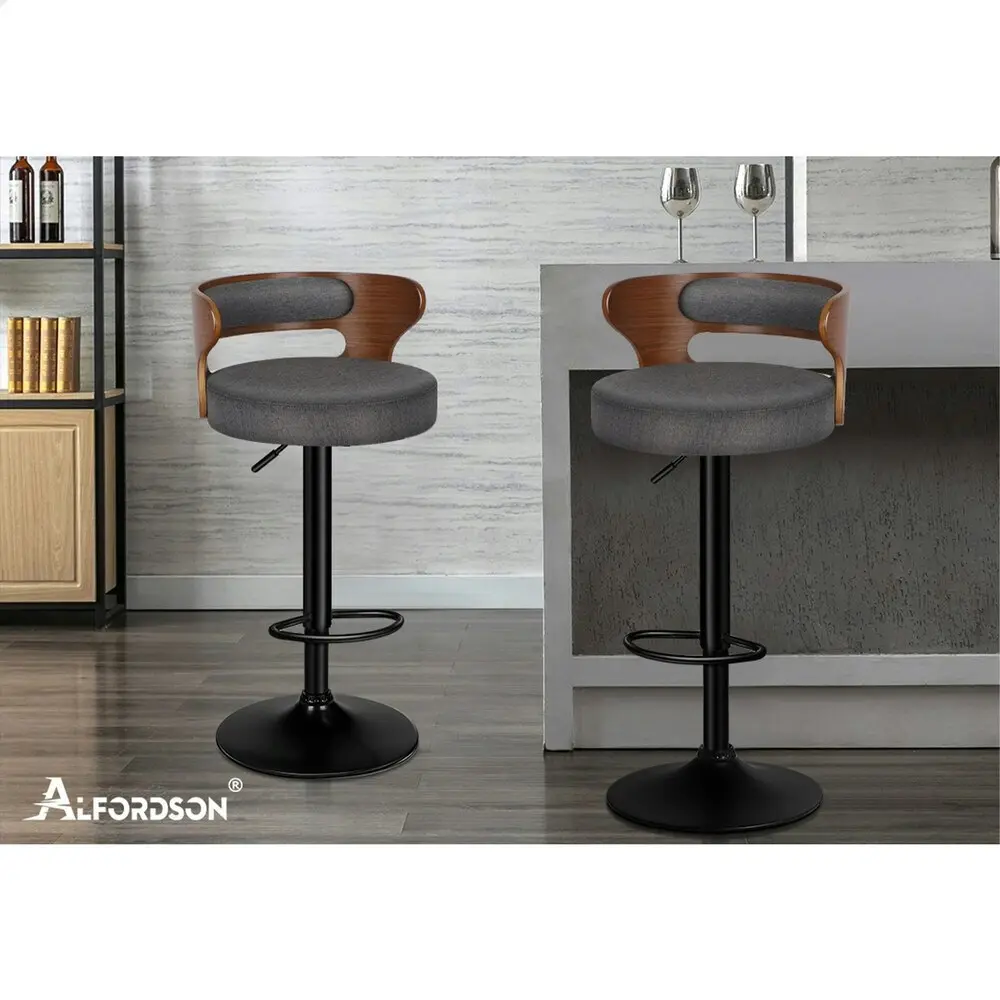 Alfordson 2x Bar Stool Kitchen Swivel Chair Wooden Linen Fabric Reno Grey