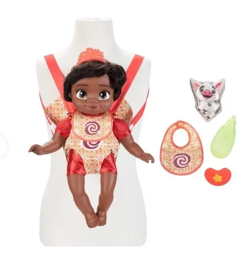 Disney Princess Moana Baby Doll Deluxe with Tiara, Carrier, Plush Friend, Pacifier, Bib & Baby Bottle