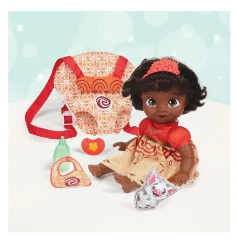 Disney Princess Moana Baby Doll Deluxe with Tiara, Carrier, Plush Friend, Pacifier, Bib & Baby Bottle