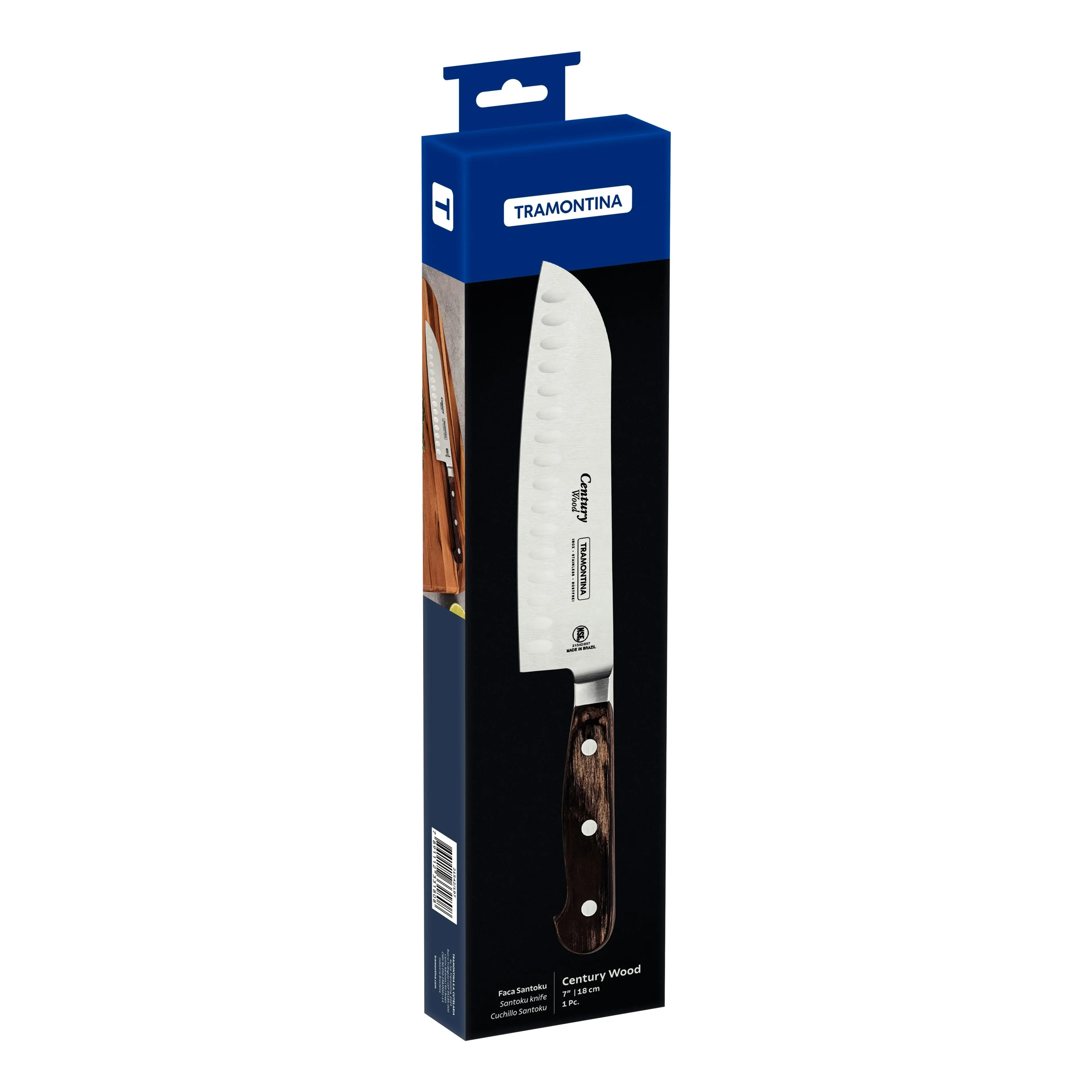 Tramontina Century Wood Santoku Knife with Stainless-Steel Blade and Brown Treated-Wood Handle 7"